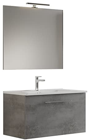 Mama Store GEA1 100 - Mobile Bagno Sospeso 100 CM monocassettone Grigio Cemento con Lavabo, Specchio e Lampada LED, L.101 X P.46 X H.45 cm