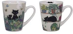 KIUB Juego de 2 mini tazas - gatos en el jardín y gato tumbado en un estante - porcelana fina y altura 7,5 cm - caja a juego