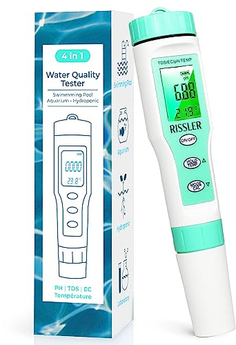 Rissler Testeur pH Piscine 4-en-1 - pH Mètre Électronique Haute Précision pour Mesure pH,TDS,EC,Température, Analyseur Eau Potable, Test Digital Idéal pour Piscine, Hydroponie et Aquarium