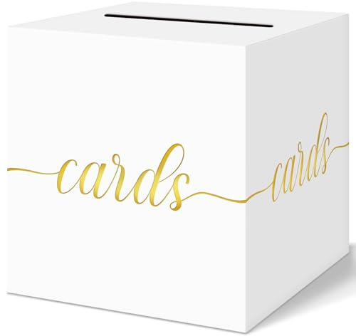 QIKSION White Wedding Card Box, Gold Foil Gift Card Box for Party, Wedding Reception, Birthday, Graduation Decorations, Baby & Bridal Shower, Anniversary, Retirement