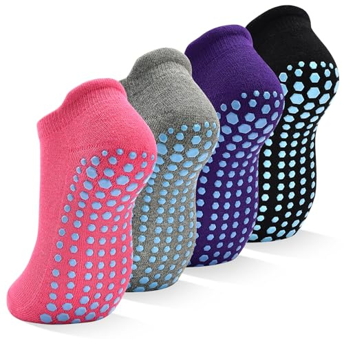 SkiBeaut Grips Non Slip Socks for Women, 4 Pairs Yoga Pilates Anti Skid Woman Hospital Dance Home Gripper Socks, US Size 5-8