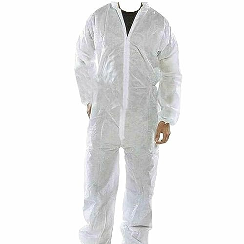 Romaxx Disposable Coveralls Suit with Hood Paper Painters Protective Overalls Suit, Elastic at Cuffs, Ankles and Waist,Zip Front Opening, Serged Seams for Spray Paint,Industrial (White) (2)