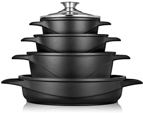 briebe Batterie de Cuisine Induction 8 Pièces, Ensemble de 4 Casseroles en Fonte d'Aluminium, Antiadhésive ILAG GRANITEC sans PFOA, Couvercles en Verre, Gants en Silicone, Tout Feux et Four, MGK-17
