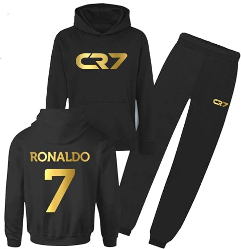Ronaldo - Sudadera con capucha y pantalones deportivos CR#7 de fútbol para niños, diseño de cabra 2023, Negro, 9-11 años