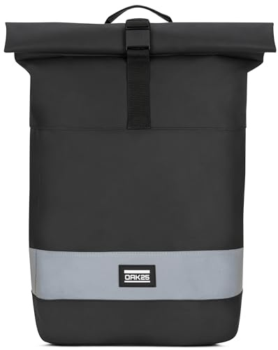 OAK25 Gepäckträgertasche Damen & Herren Schwarz - Every Day Rolltop Bike - Reflektierender Fahrradrucksack - Fahrrad Tasche für Gepäckträger mit Laptop Fach - Wasserabweisend