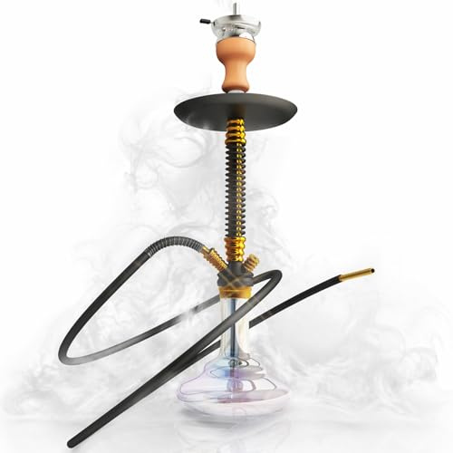 RMAN Cachimba Shisha 66 cm Grande de Aluminio, Dorado | Completa con Manguera de Silicona, 2 Boquillas Incluidas, Cazoleta de Cristal, Accesorios Premium
