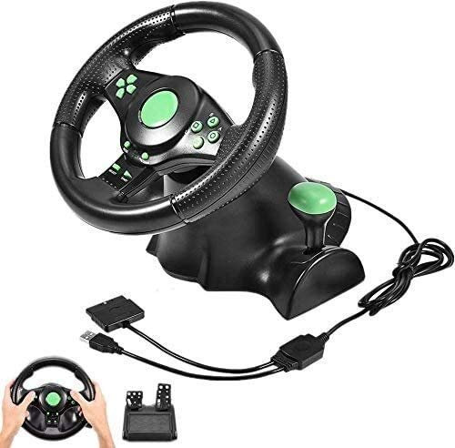 SilteD Volant de Course pour PC, Volant de Course Universel USB à 180 degrés avec pédales pour 360/PS3/P2/PC (Couleur : Vert)