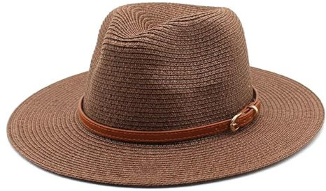 FULUJIDI Fedora Trilby Filzhut Hut Breite Flache Brim Top Hut Reise Strand Sonnenschutz Panama Sonnenhut Frauen Stroh Jazz Hut 56-58Cm Braun