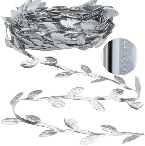 10M Guirlande Artificielle de Feuilles, Couronne de Laurier Doré, Ruban de Feuilles Dorées, Bandeau d'Or de Vigne Artificielles (Argent)