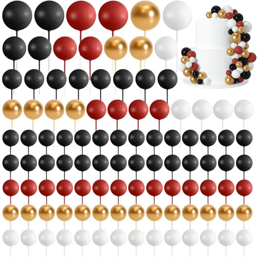 Morcheiong 114 Pcs Cake Balls Decorations: Black, Red, Gold; 4 Sizes; Cake Topper, Insert, Picks; Birthday, Wedding, Anniversary