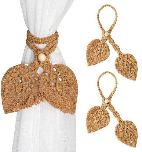 janeunique 2 Stück Vorhang Raffhalter Boho Deko, Gewebte Blätter Makramee Gardinenhalter, Vorhang Seil schnallen für Wohnzimmer, Schlafzimmer - braun 2