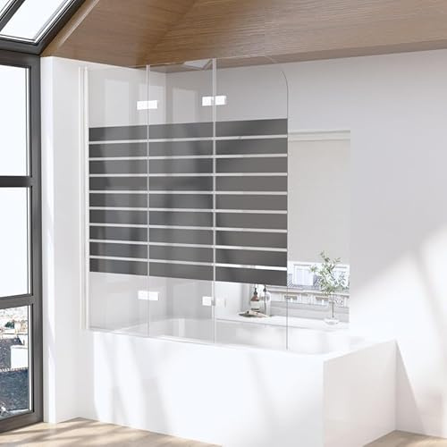 Goezes Duschwand für Badewanne 3-teilig Faltbar 130x140cm Duschabtrennung mit Schwarz Gestreift, Glas Badewannenaufsatz Duschtrennwand aus 6mm EGS Sicherheitsglas, Badewannenwand aus weißem Alu