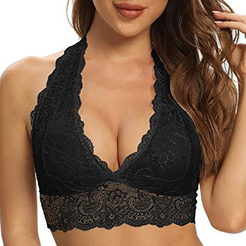 SHEKINI Neckholder BH Bralette Damen Spitze Blumen Bustier Crop Top Triangel BH ohne Bügel Abnehmbare Gepolstert BH Tiefer Ausschnitt Corset Top Sexy Unterwäsche | Abnehmbares gepolstertes sexy Crop Top