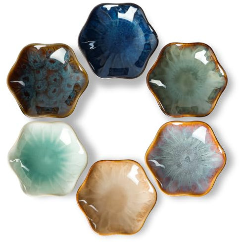 NUTRIUPS Juego de 6 cuencos de cerámica de 55 ml, 10 cm, cuencos pequeños para salsas para sushi, aperitivos (juego de 6 flores)