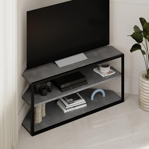 HOCUS PICUS Moderner Eck-TV-Ständer für Fernseher bis zu 43 Zoll, TV-Schrank Entertainment Center mit Ablage, Metallgestell, Fernseheinheit aus Spanplatte für Wohnzimmer Schlafzimmer (Retro Grau)