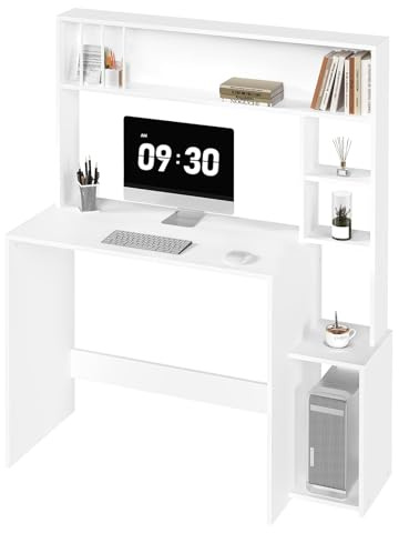 eSituro Scrivania con Libreria e 5 Ripiani Bianco - Tavolo per Computer 113x45x139 cm, per Ufficio Home Office Studio