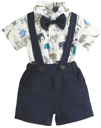 HEOXIN Bambino Abito da Gentiluomo, Abbigliamento Neonato Gentleman Papillon Snap Pulsante Crotch Costume, Completo Neonato Gentiluomo Pantaloncini con Bretelle Elasticizzati Bottoni, Blu, 0-3 Mesi