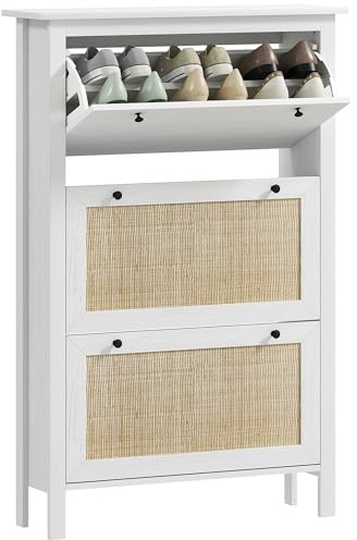 HOMCOM Skobåp entré, skoskåp med 3 lådor med skjutdörrar rottingeffekt och justerbar hylla, entrémöbler och hall, 18 par, 80 x 23,5 x 121,5 cm, naturträ
