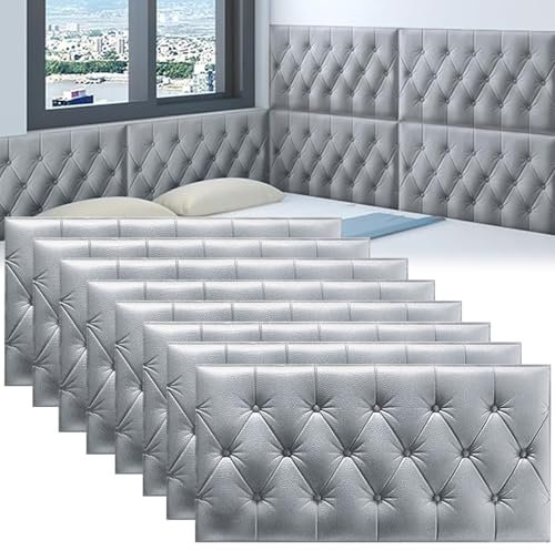 DHIJUPNG Rembourrage Mural Anti-Collision Panneaux Muraux 3D, Lot de 8 Panneaux Muraux Rembourrés,Tête de Lit À Peler et Coller Grey 8 Pack（30x60 cm）