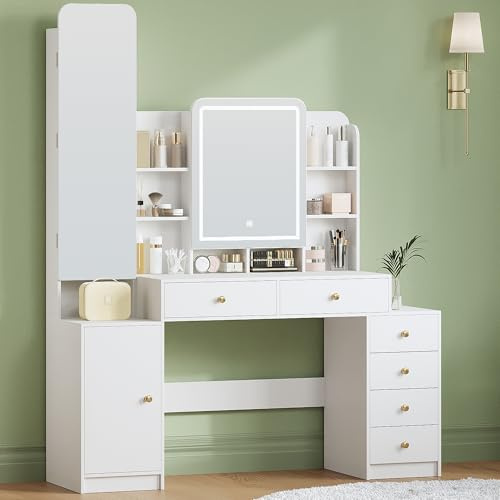 Hzuaneri Grande Coiffeuse avec éclairage, Miroir et Armoire à Bijoux, Blanc