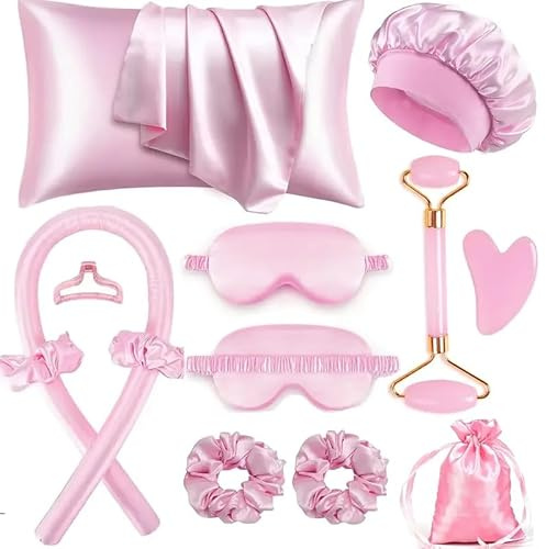 XINYUNXIN 12PCS Heatless Curls Overnight Set, Heatless Curling Set for All Hair Types, Satin No Heat Hair Rollers with Scrunchies & Clips - Safe & Comfortable to Sleep in for Natural Waves(Pink)