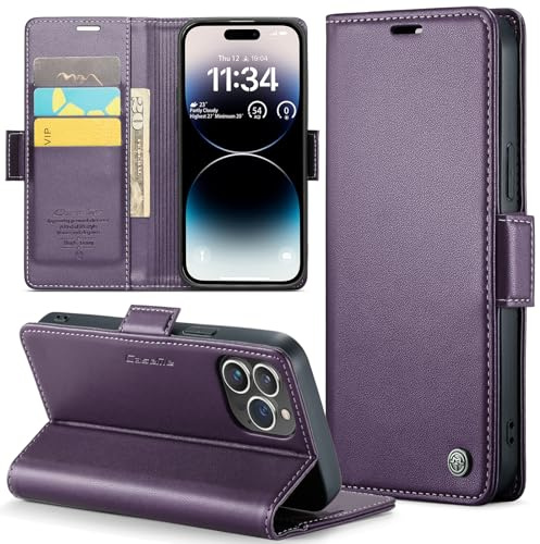 Rerzoiro Handyhülle für iPhone 14 Pro Hülle, Premium PU Lederhülle Klappbar Flip Case [RFID Blocker] Tasche Magnet Kartenfach Klapphülle Schutzhülle für iPhone 14 Pro, Lila