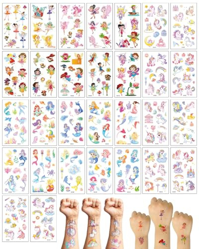 JUKOTA Tatouage Temporaire Enfant,30 Feuilles Etanche Tatouage Ephémère Kit Tatoo pour Garçons Filles,Licorne,Sirène,Fée des Fleurs,Cadeaux Décoration Enfants pour Anniversaires,Halloween,Noël
