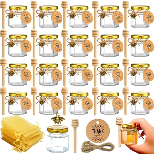 20Pcs Tarros de Miel Hexagonales Mini 45ml con Tapa, Cucharones de Madera, Colgantes Abejas, Bolsas Regalo & Etiquetas de Papel Kraft, Tarro Mermelada de Vidrio para Baby Shower, Boda, Fiestas Regalos