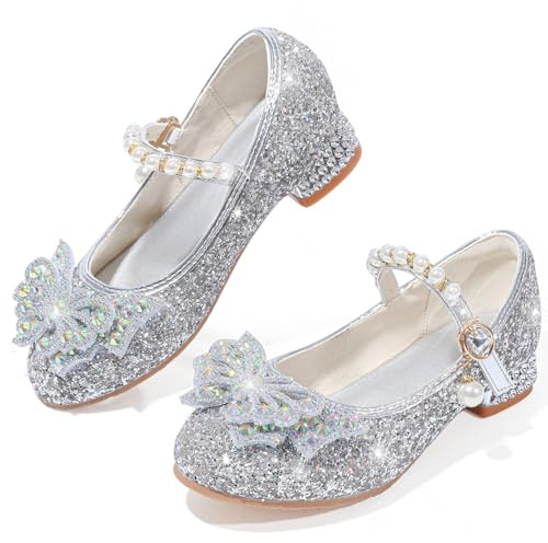 VTASQ Chaussure Princesse Fille Talon avec Paillettes Chaussures Reine Chaussures de Danse Enfant Déguisement Cosplay Chaussure Mariage Noël Anniversaire Cérémonie Fête Argent EU32