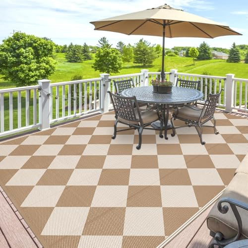 SHACOS Grande Tappeto all'Aperto 240x300 cm Riso Reversibile Impermeabile Marrone AntiUV Rivestito Patio Pieghevole per Campeggio, Cortile, Balcone