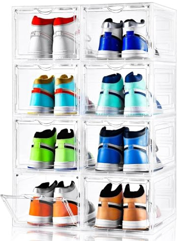Stebopum Schuhboxen Stapelbar Transparent Schuhaufbewahrung, 8 Stück Schuhorganizer aus klarem Kunststoff, einfache Montage Schuhbox mit Magnettür