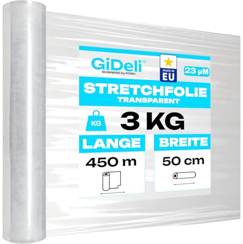 GiDeli Stretchfolie transparent stretchfolierulle – omslagsfolie – handstretchfolie 450 m/50 cm förpackningsmaterial – förpackningsfolie på rullar – folie för möbler – folie för flyttfolie