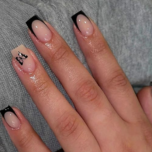 Black French Tip False Nails - Fake Nails with Butterfly Design - 24Pcs Short Square False Nails with Glue - Removable Acrylic Stick on Nails for Women Girls Nail Art