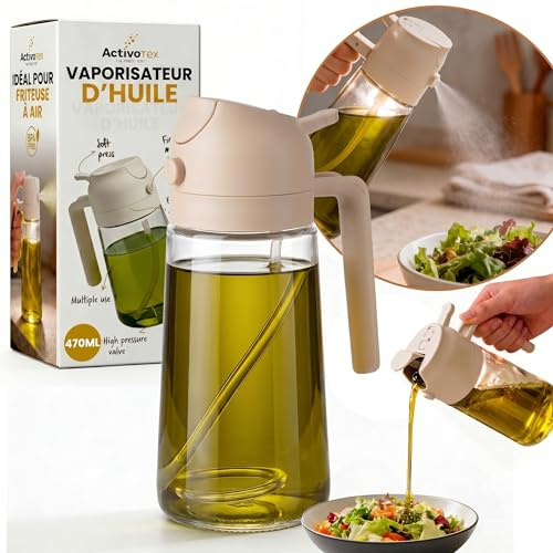 ActivoTex 2 en 1 - Pulverizador Aceite Spray para Cocina y Dispensador de Aceite en Cristal de 470 ml Aceitera Spray Pulverizador de Niebla Fina, ideal para freidora de aire, ensaladas y barbacoa