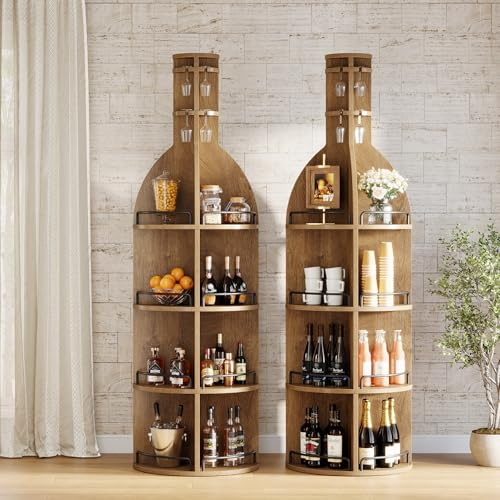Tribesigns Lot de 2 casiers à vin autoportants de 190 cm avec étagères de rangement - Armoire à vin ronde industrielle avec porte-verres suspendus - Étagère à bouteilles sur pied pour salon, cave