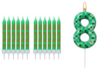 YANGWEN 3D Zahlenkerze Pixel Gaming Design Kerze 8 - 13 Stück Set für den 8. Geburtstag | Geburtstagskerzen für Jungen, Torten Deko, Gaming-Party, Minecraft Style Geburtstag (Grün)