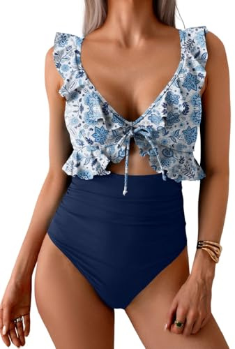 CheChury Maillots Une Pièce Femme Gainant Ventre Plat Maillot de Bain 1 Pieces à Manches Volantée Maillots de Bain Une Piece Femme Grande Taille Col en V Monokini Push Up Rembourré Swimwear Vintage
