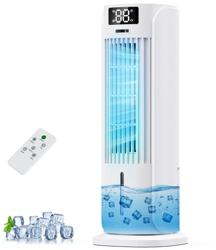 Rafraîchisseur d'Air Mobile 4 en 1 avec Télécommande, 2 Modes, 6 Vitesses, Oscillation 90°, Minuterie 12H - Silencieux - Climatiseur Mobile Sans Tuyau d'Évacuation, pour la Maison/Bureau