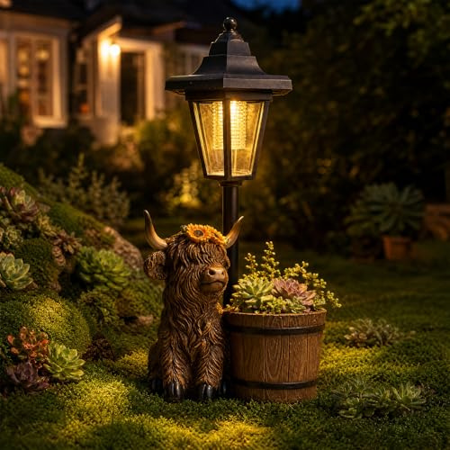 2026 Highland Cow Statues Garden Ornaments with Solar Lantern Flowerpot | Outdoor Decoration, Art Sculptures for Patio Lawn Backyard Porch Ornaments, Yard Ornament-Unique Mother's Day Birthday Gift