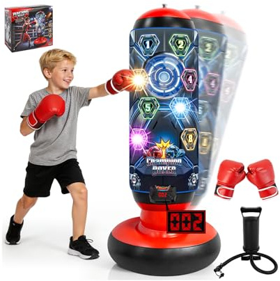 OMKSIH 2026 Upgraded Punching Bag for Kids, Inflatable Boxing Set with Scoring, Light, Music, 4 Game Modes, Kids Punching Bag with Gloves, Birthday Gifts for Boys Girls Practicing Karate Taekwondo