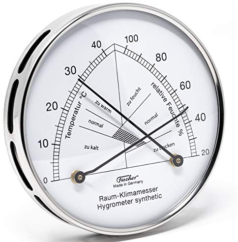 Fischer 142.01 - Raum-Klimamesser - 100mm Synthetic-Hygrometer & Bimetall-Thermometer Made in Germany - Edelstahl silber