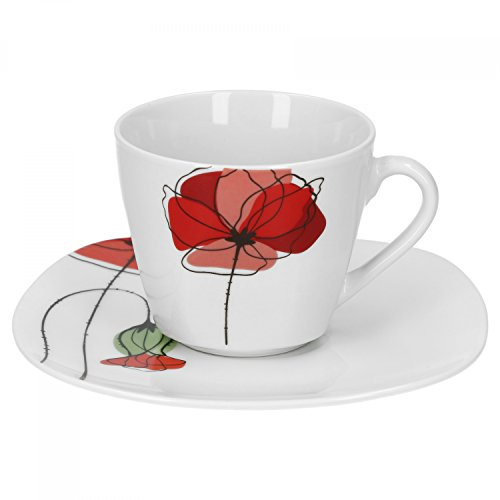 Van Well Monika Kaffeetasse + Untertasse im 2-tlg.-Set, Blumendekor, edles Marken-Porzellan, Mohn-Blume