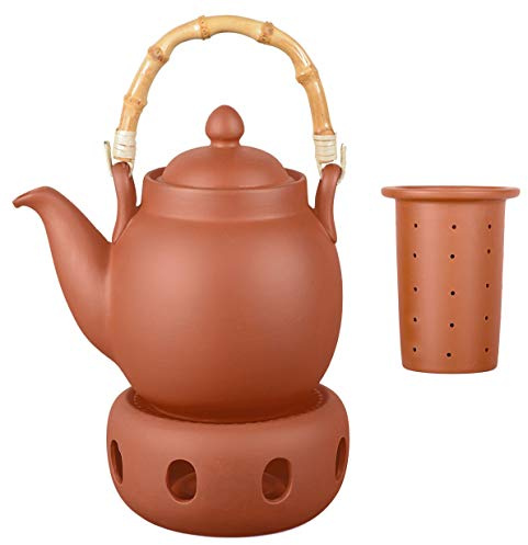 Aricola Ton Teekanne Tenno 1,1 Liter mit Tonsieb, Bambushenkel und Stövchen. Handgefertigt, Original