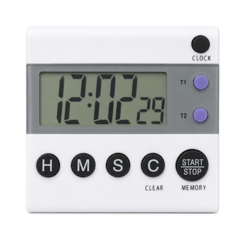 TR118 Digitaltimer Weiß, 2 Timer, LCD, Count-up/Countdown bis 99 Std. | Digitaler 2-fach Timer mit großer LCD-Anzeige, Countdown, Count-Up, Uhrzeit, Alarm, Magnet, Clip und Standfuß