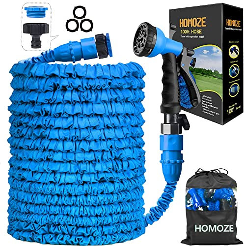 HOMOZE Extendable Hose Pipe 100ft, Ultra-Durable Anti-Leakage Expanding Hose Pipe with 3/4,1/2 Fittings and Rubber Ring, Expandable Garden Hose with 8 Function Spray Nozzle (Blue,100ft)