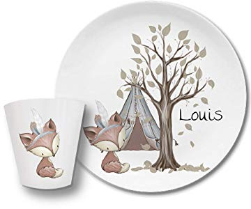 Kindergeschirr mit Name, Namen, Kinderteller Set mit Namen Fuchs Waldtiere, Kindergeschirr, Kinderteller