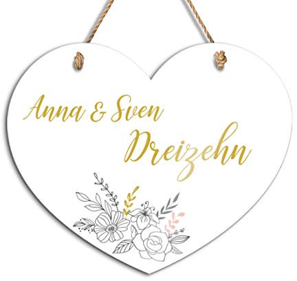 Schöne Herz Türschilder für die Haustür | bedruckt mit Ihrem Wunschtext - UV-Druck/mit Kordel 20x16 cm bedruckte Namensschilder Klingelschilder mit Namen Herzlich Willkommen
