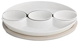 Brandani Plat à tarte en porcelaine blanche avec support en bambou naturel