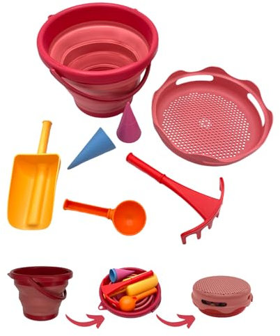 Schildkröt 7in1 Sand Toys Set, innovatives Sand-Spielset im Handtaschenformat, kompakt und platzsparend, Faltbarer 3 Liter Eimer mit 6 Sandspielzeugen zum Graben, Formen, Sieben und Rechen, 970245