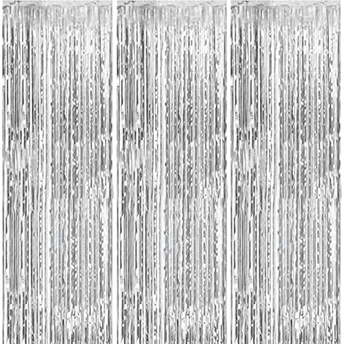 HONGCI 3pcs 3.2x6.5ft Glitter Silver Tinsel Curtain Door Streamers Fringe Foil Curtain Xmas Photo Backdrop Christmas Decorations for Girls Women Hen Do Wedding Birthday Party Decor Banner Silver